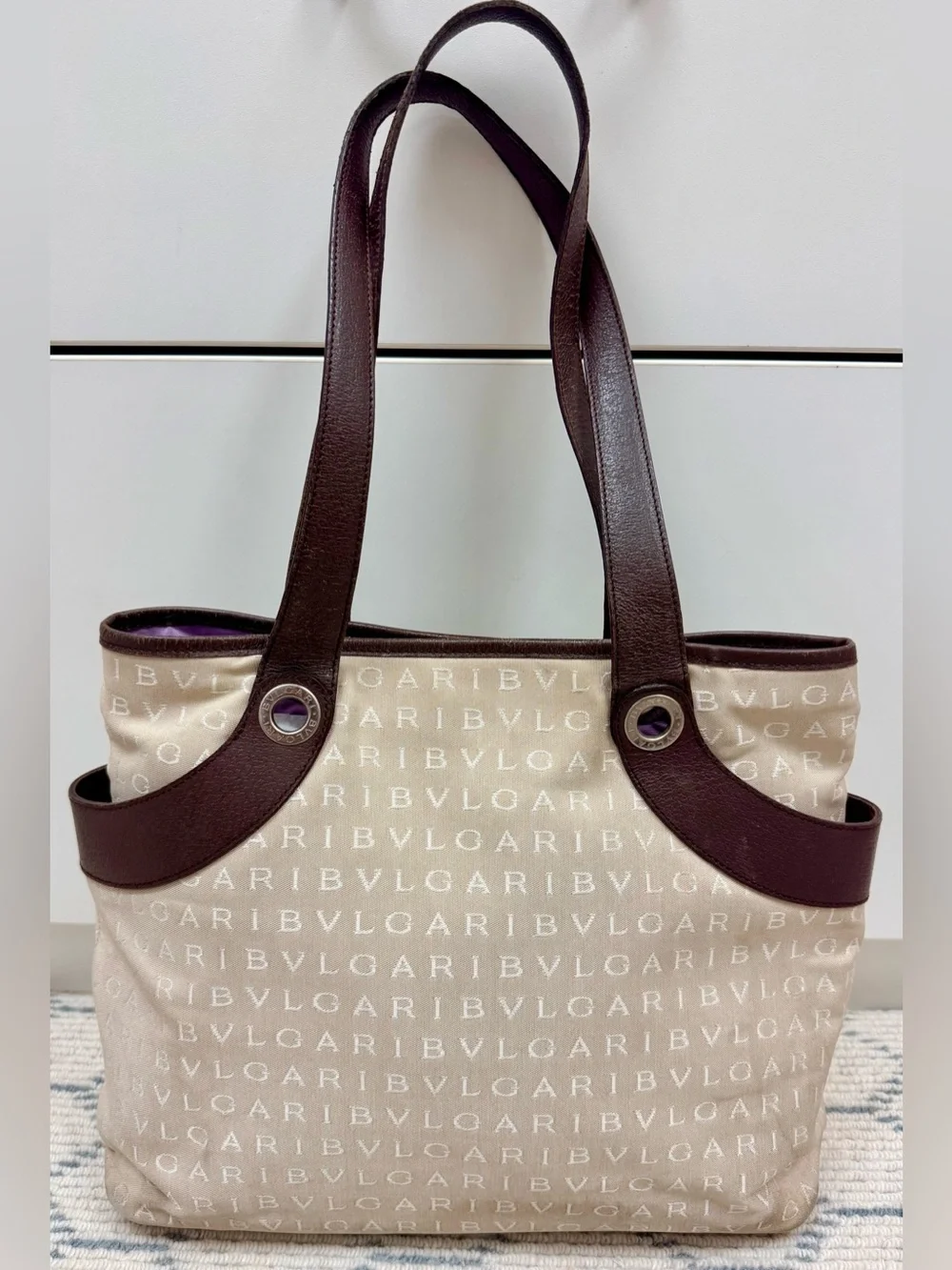 BVLGARI Vintage Y2K Brown Signature Logomania Monogram Canvas Tote Shoulder Bag